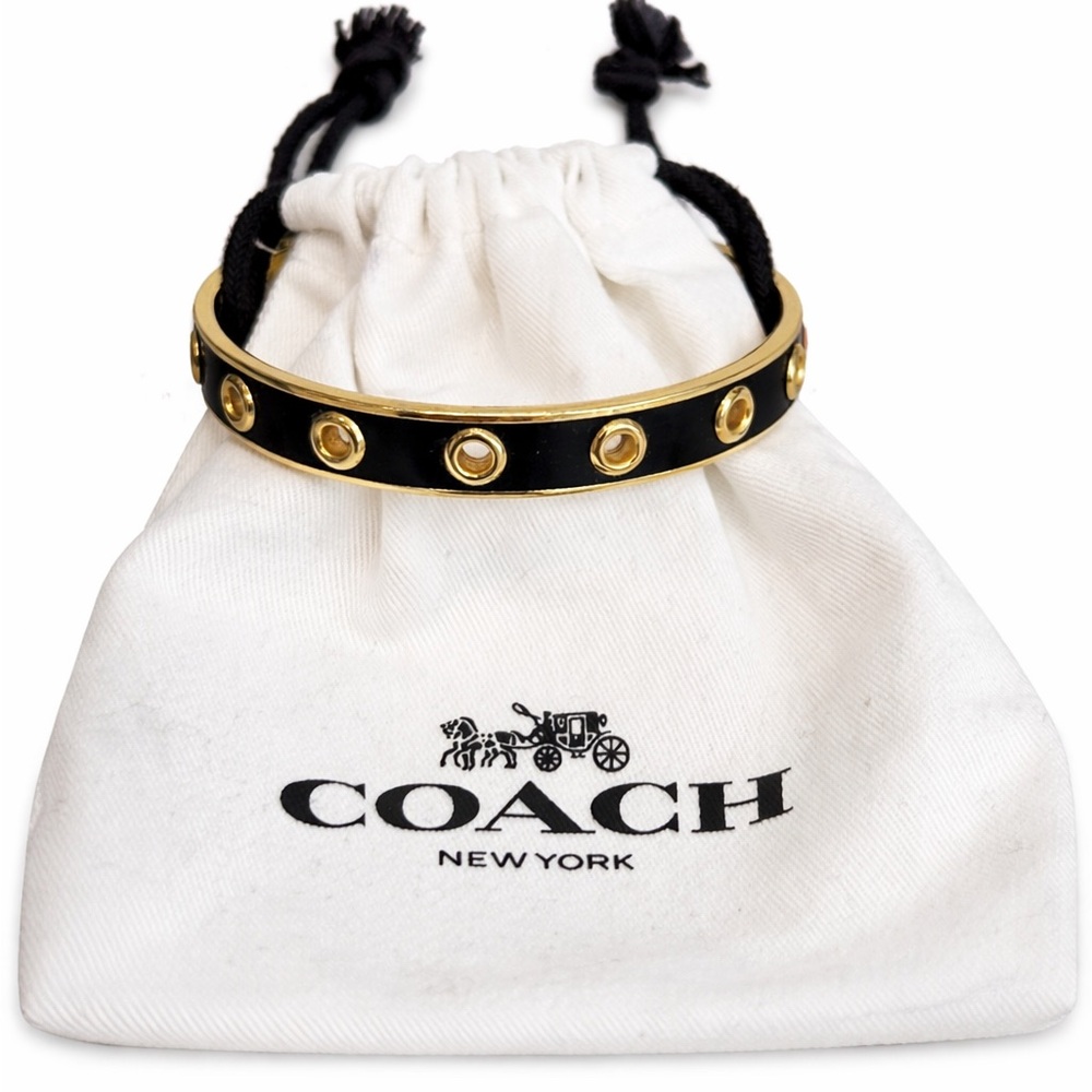 COACH Black and Gold Studded Leather Bangle Bracelet